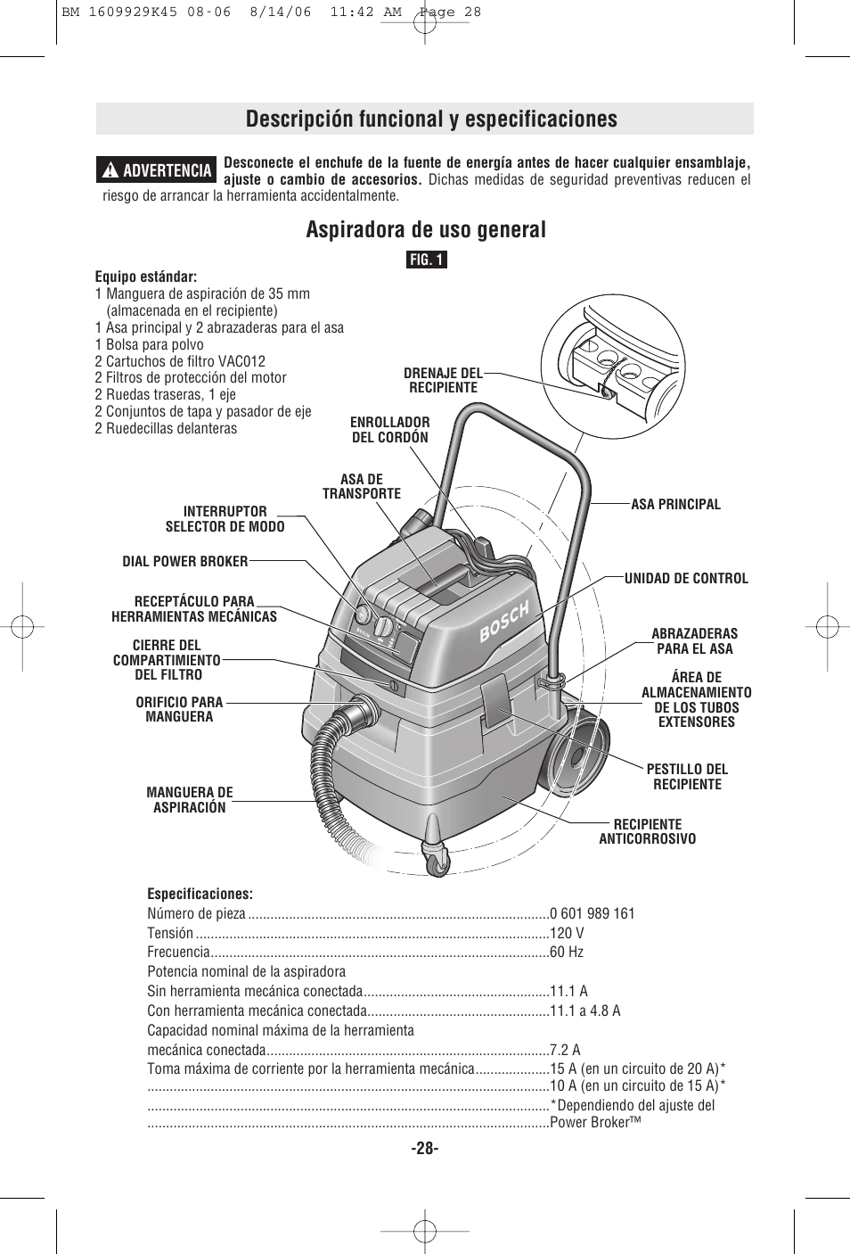 Descripción funcional y especificaciones, Aspiradora de uso general | Bosch 3931A User Manual | Page 28 / 40