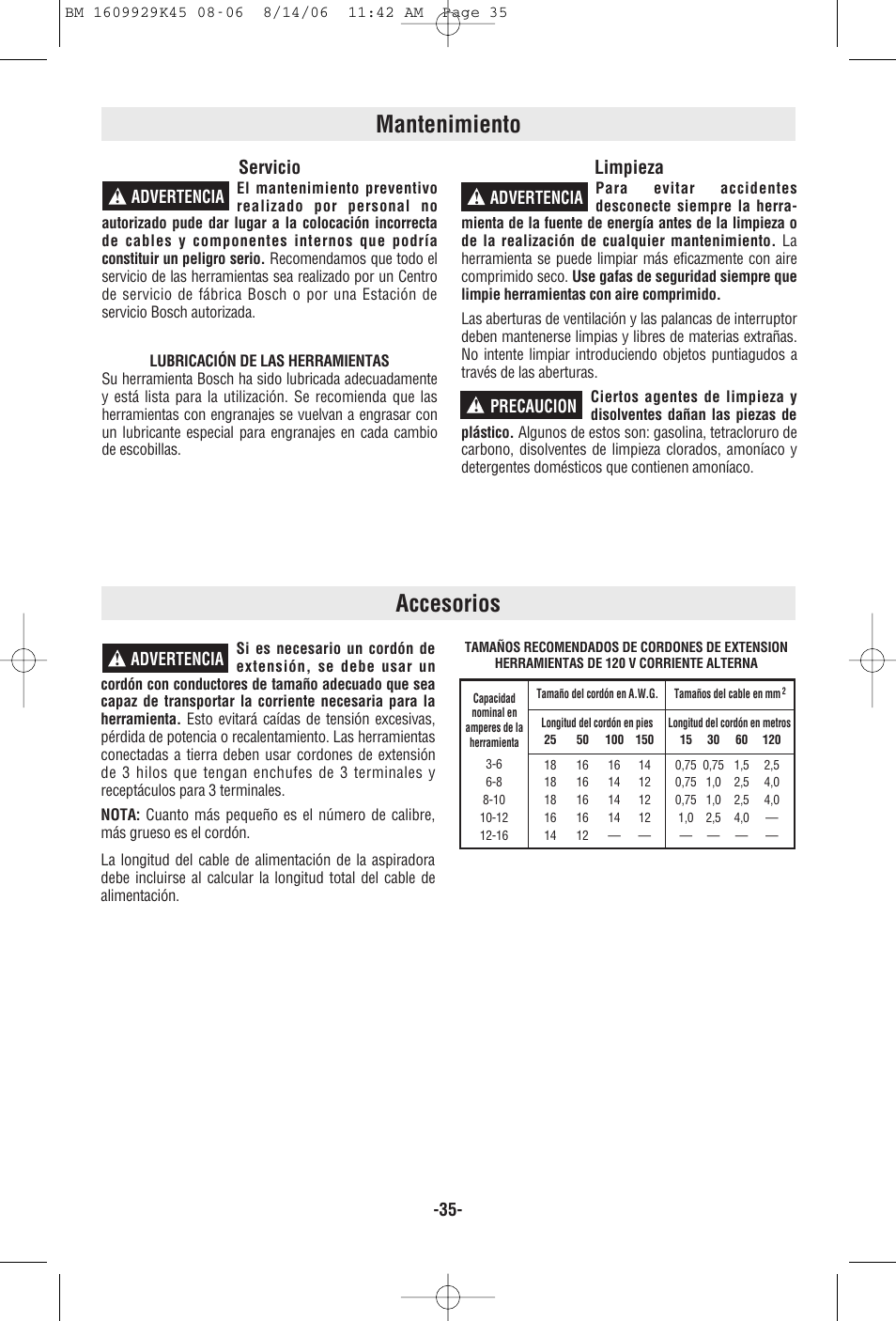 Accesorios, Mantenimiento, Servicio | Limpieza, Advertencia, Advertencia ! advertencia ! precaucion | Bosch 3931A User Manual | Page 35 / 40