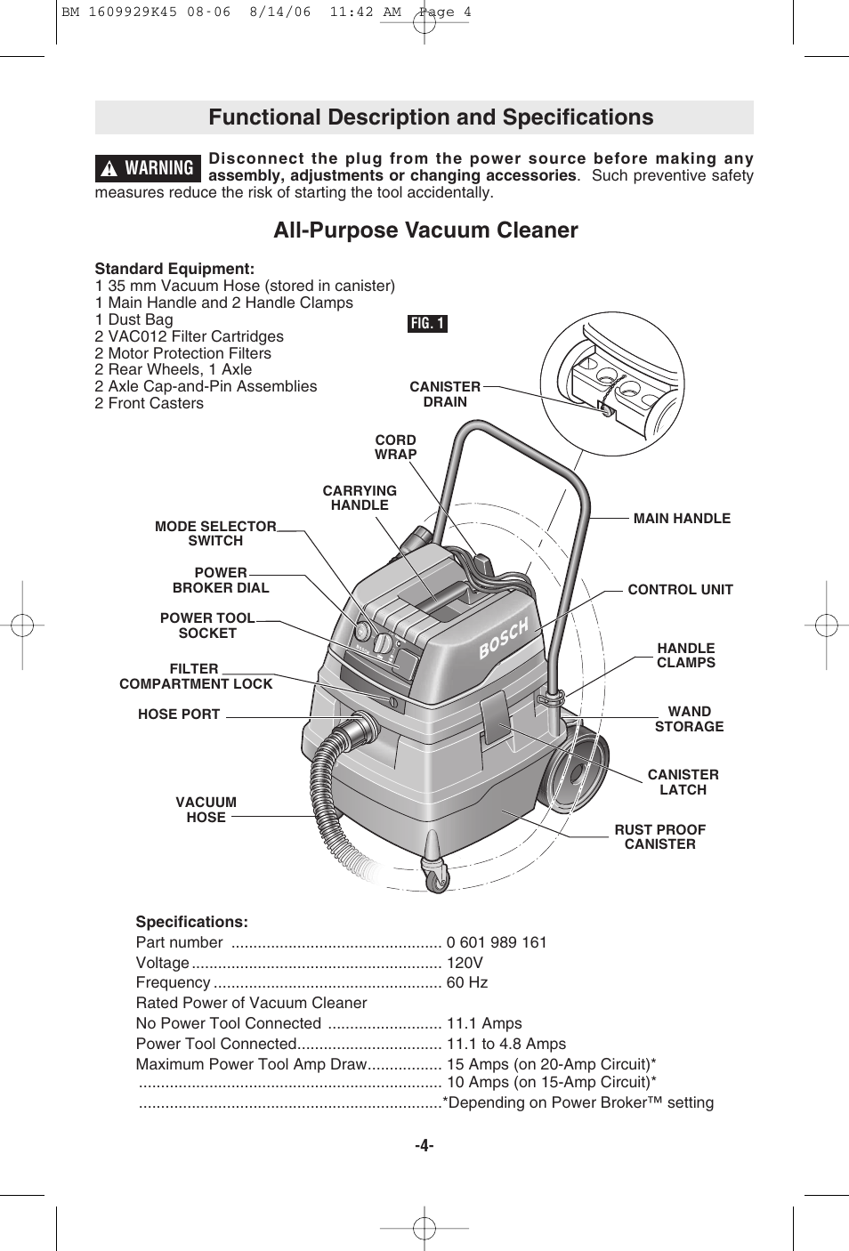 Functional description and specifications, All-purpose vacuum cleaner, Warning | Bosch 3931A User Manual | Page 4 / 40