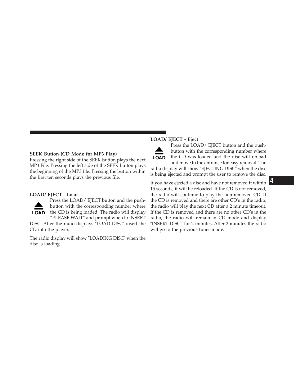 Load/eject button (cd mode for mp3 play) | Chrysler 2009 PT Cruiser - Owner Manual User Manual | Page 201 / 410