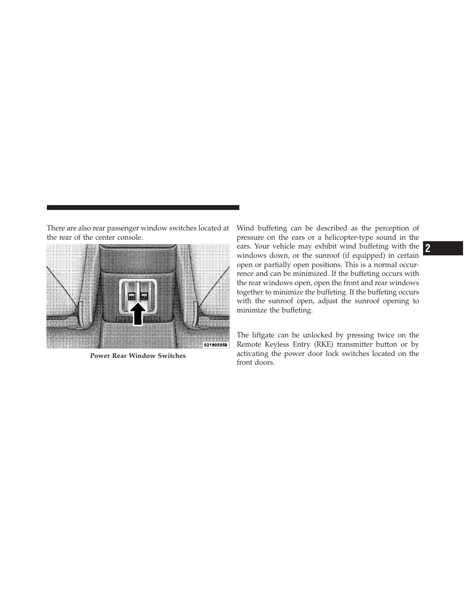 Rear window switches, Wind buffeting, Liftgate | Chrysler 2009 PT Cruiser - Owner Manual User Manual | Page 35 / 410