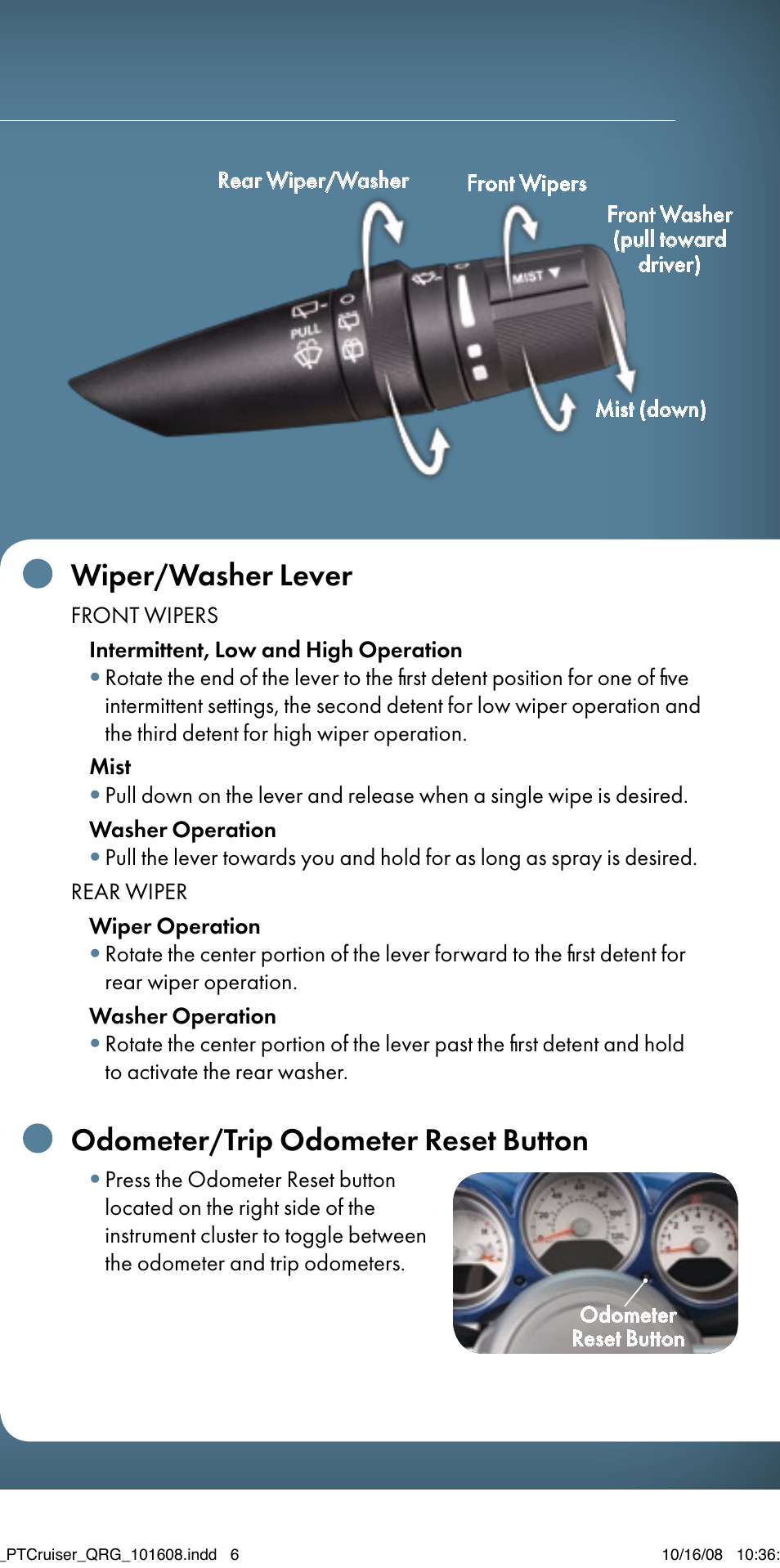 Wiper/washer lever, Odometer/trip odometer reset button | Chrysler 2009 PT Cruiser - Quick Reference Guide User Manual | Page 10 / 12