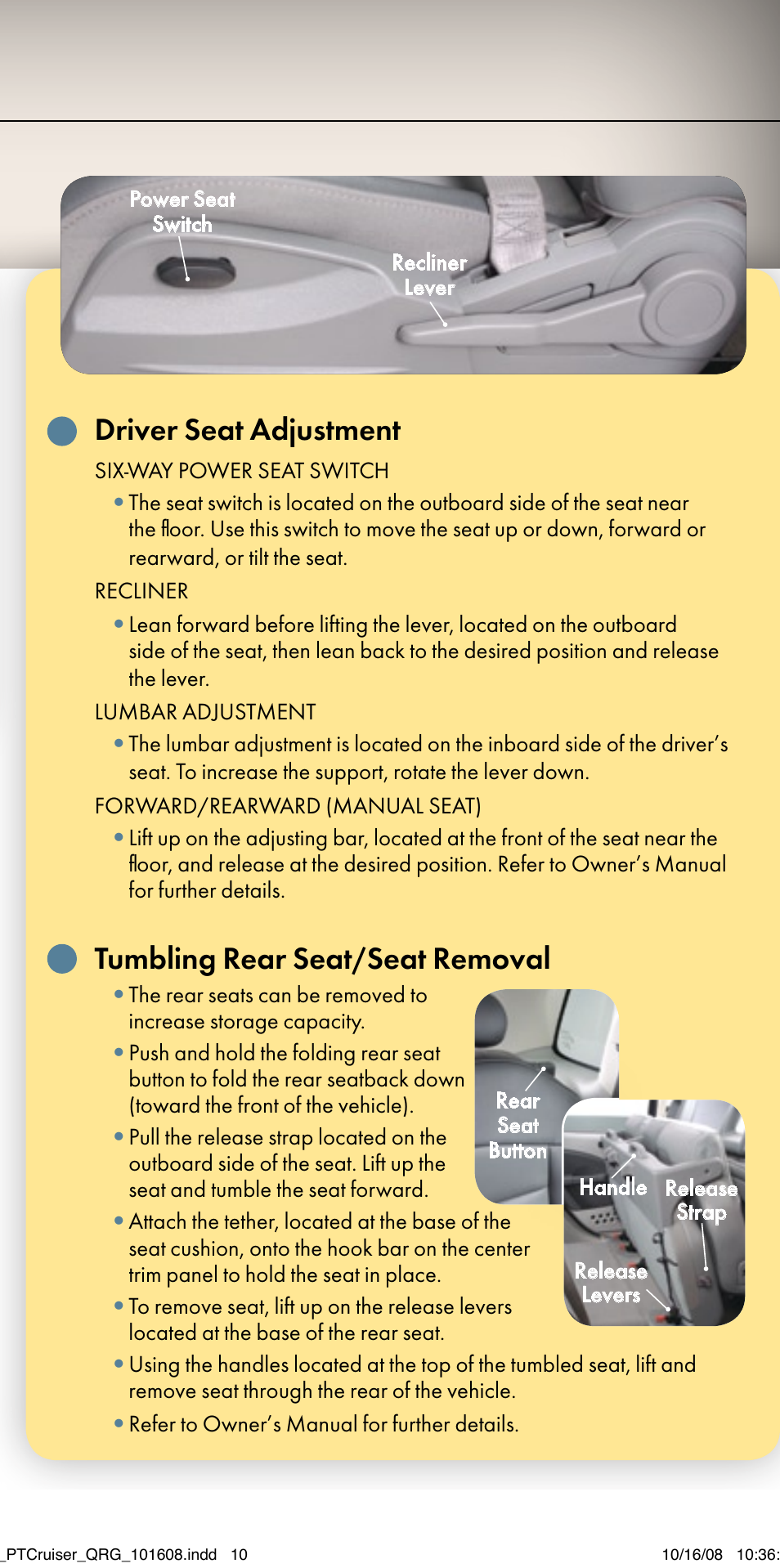Driver seat adjustment, Tumbling rear seat/seat removal | Chrysler 2009 PT Cruiser - Quick Reference Guide User Manual | Page 4 / 12