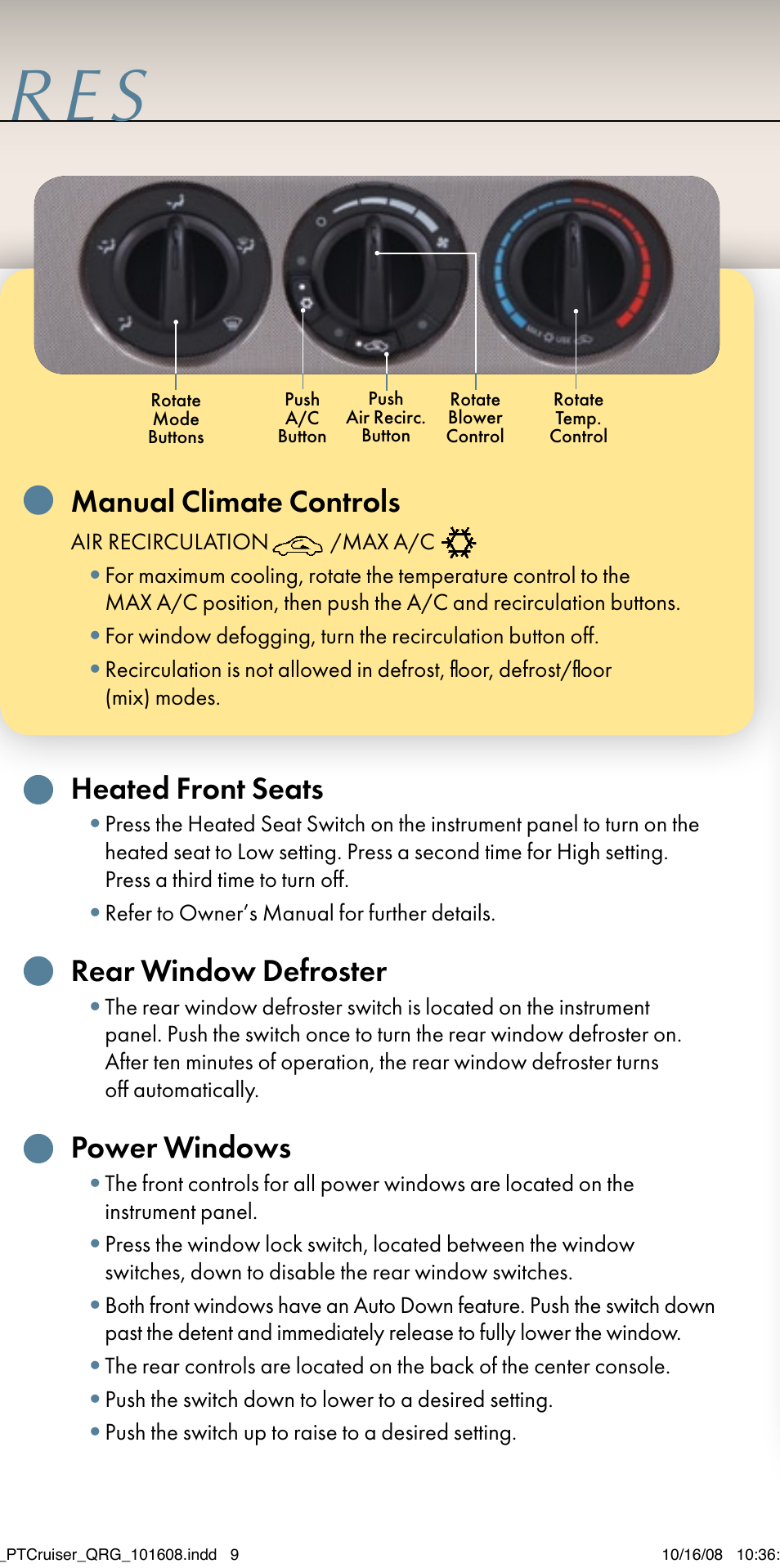 Manual climate controls, Heated front seats, Rear window defroster | Power windows | Chrysler 2009 PT Cruiser - Quick Reference Guide User Manual | Page 9 / 12