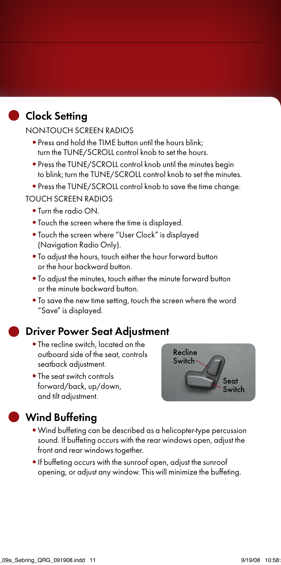 Clock setting, Driver power seat adjustment, Wind buffeting | Chrysler 2009 Sebring Sedan - Quick Reference Guide User Manual | Page 11 / 12