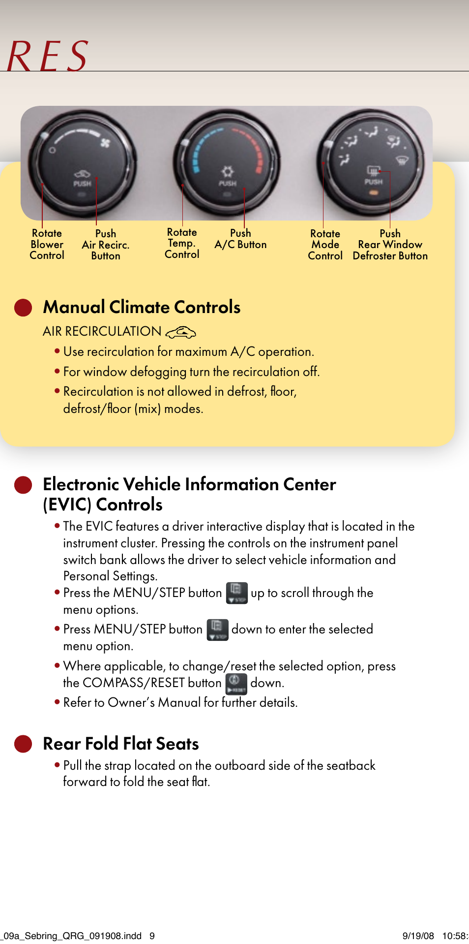 Manual climate controls, Rear fold flat seats | Chrysler 2009 Sebring Sedan - Quick Reference Guide User Manual | Page 7 / 12
