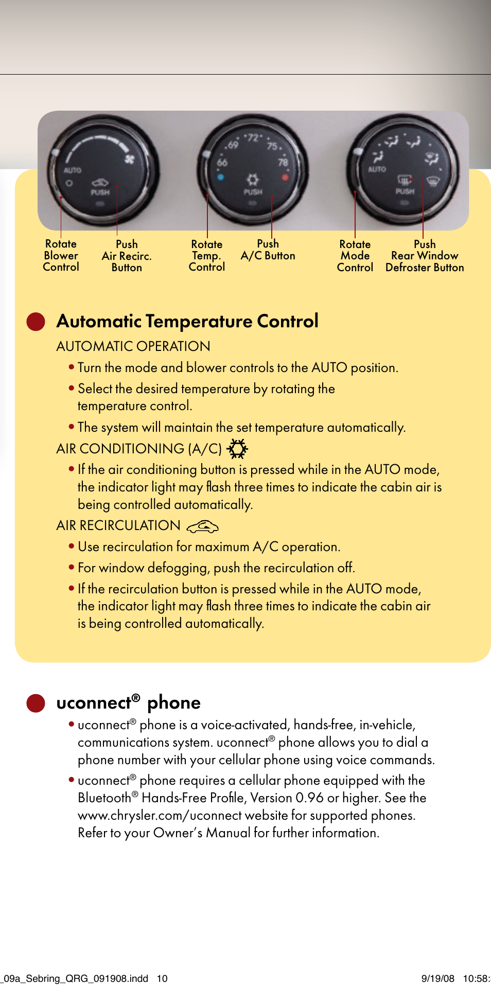 Automatic temperature control, Uconnect, Phone | Chrysler 2009 Sebring Sedan - Quick Reference Guide User Manual | Page 8 / 12
