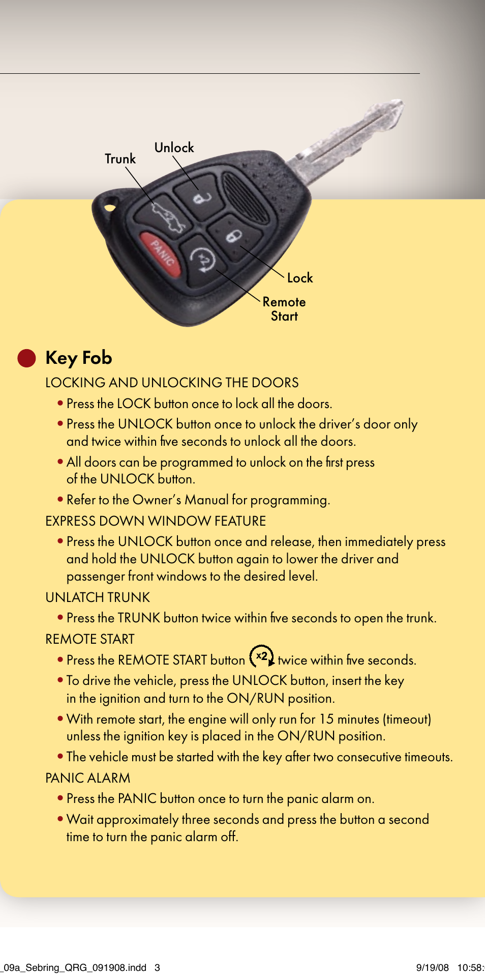 Key fob | Chrysler 2009 Sebring Sedan - Quick Reference Guide User Manual | Page 9 / 12
