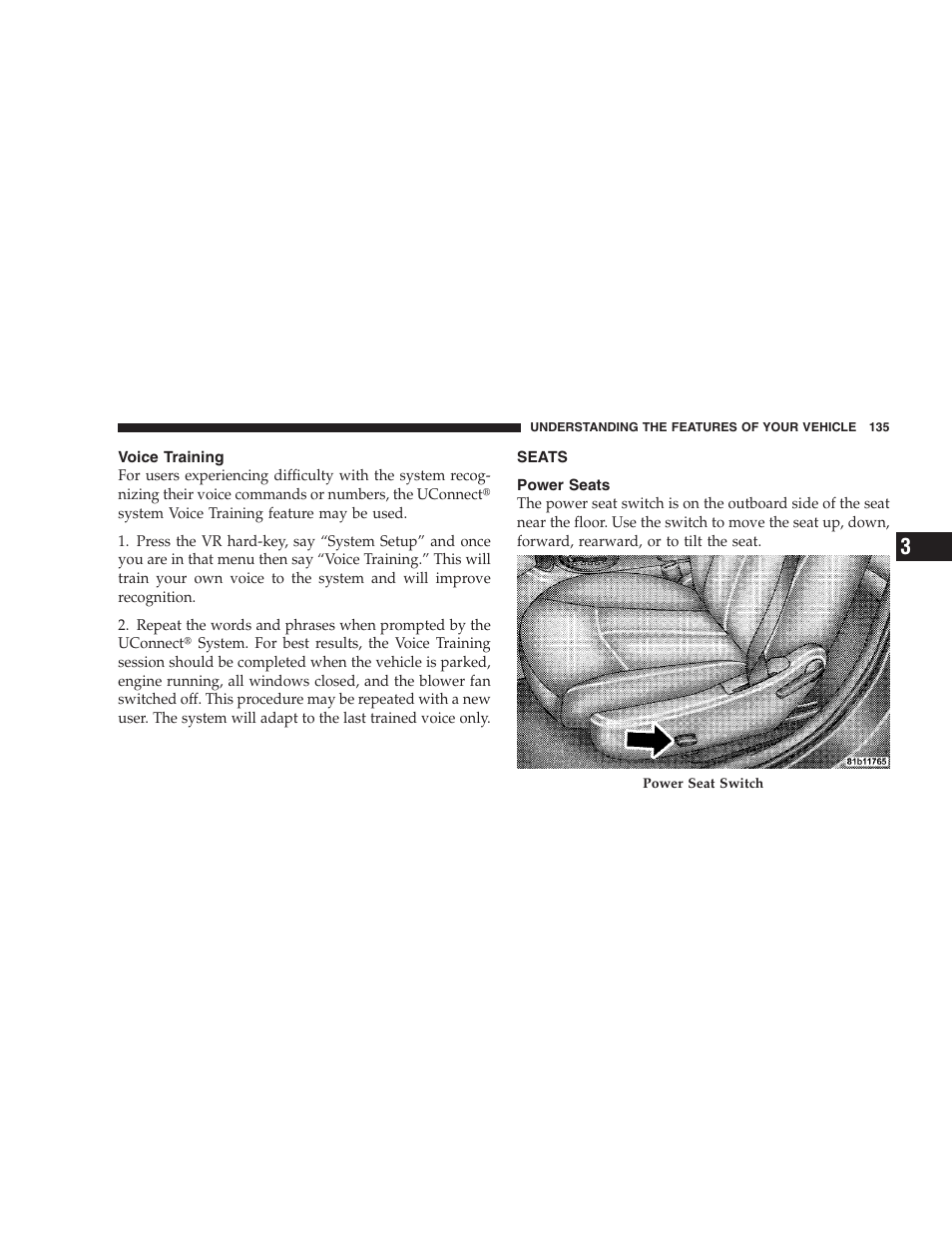 Voice training, Seats, Power seats | Chrysler 2009 Sebring Convertible - Owner Manual User Manual | Page 137 / 475