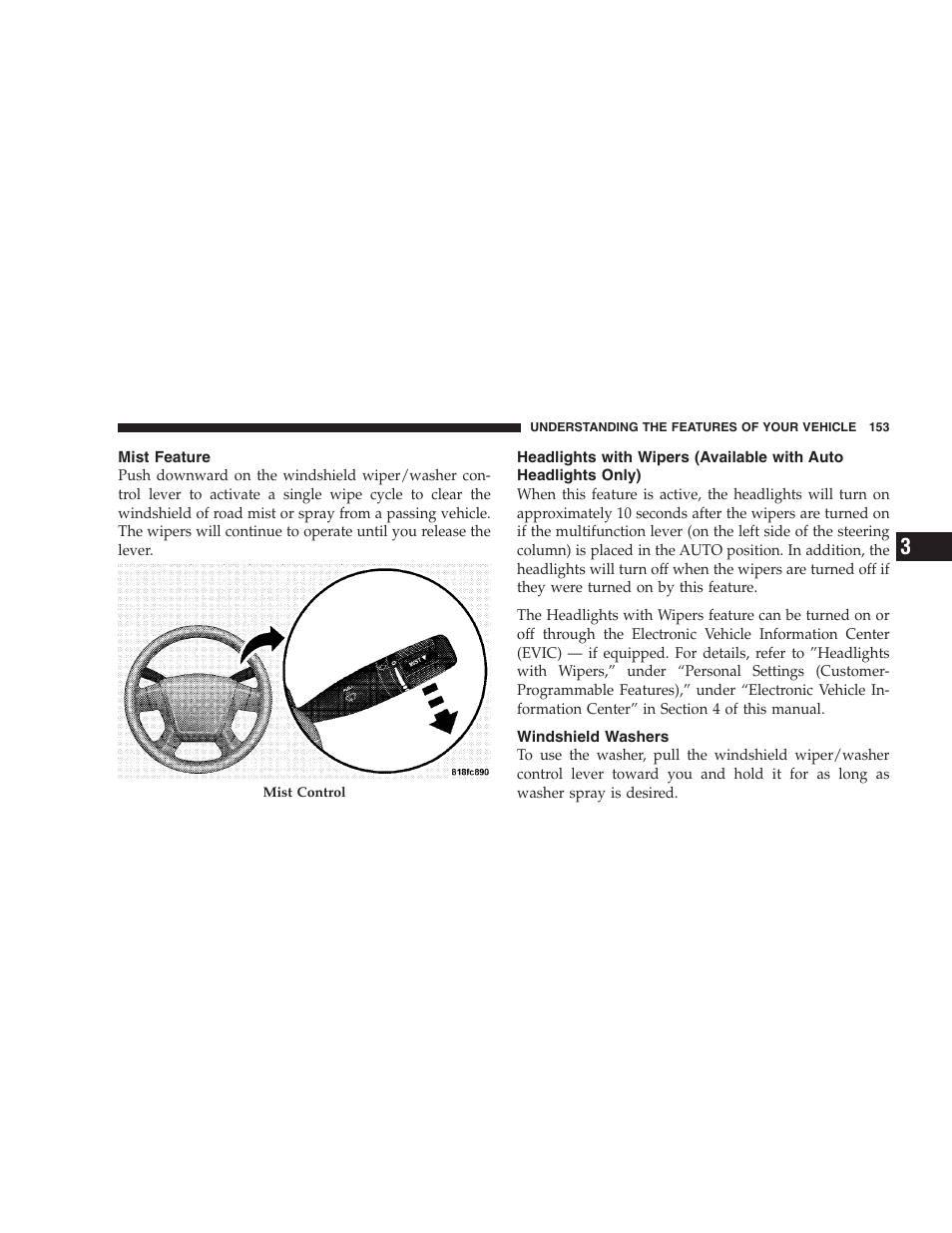 Mist feature, Windshield washers | Chrysler 2009 Sebring Convertible - Owner Manual User Manual | Page 155 / 475