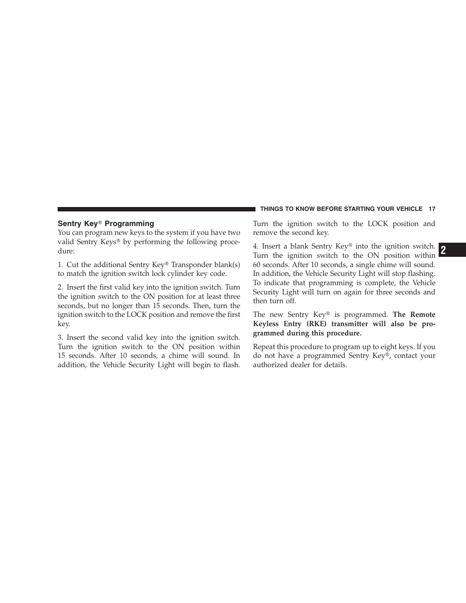 Sentry key programming, Sentry key௡ programming | Chrysler 2009 Sebring Convertible - Owner Manual User Manual | Page 19 / 475