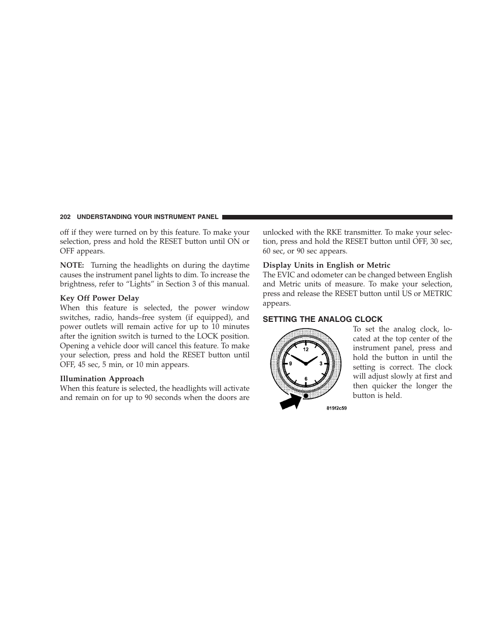 Setting the analog clock | Chrysler 2009 Sebring Convertible - Owner Manual User Manual | Page 204 / 475