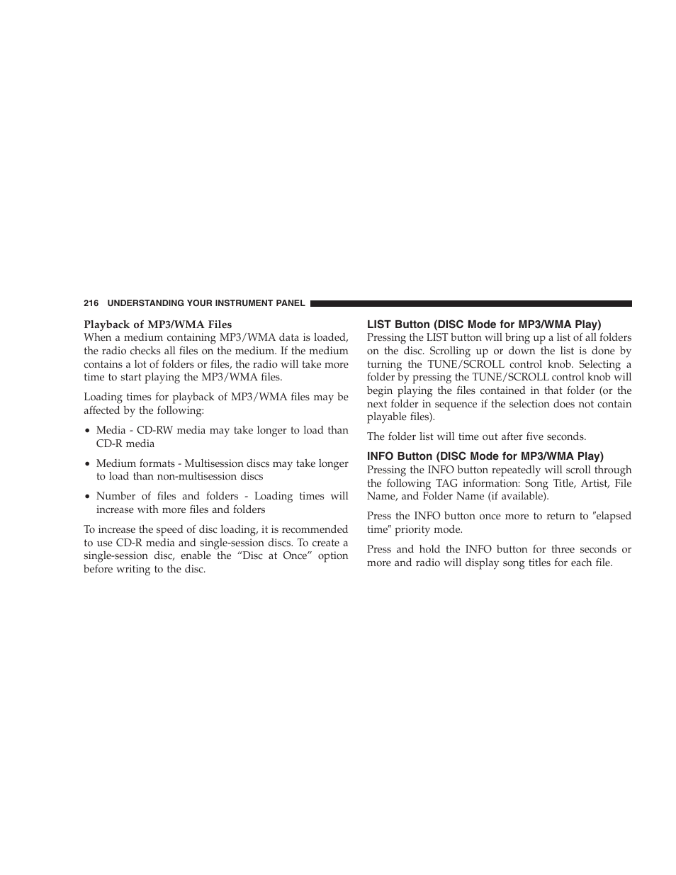 List button (disc mode for mp3/wma play), Info button (disc mode for mp3/wma play), List button (disc mode for mp3/wma | Play), Info button (disc mode for mp3/wma | Chrysler 2009 Sebring Convertible - Owner Manual User Manual | Page 218 / 475