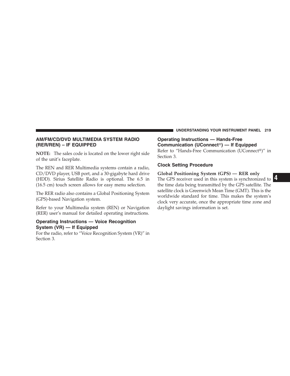 Clock setting procedure, Am/fm/cd/dvd multimedia system radio, Rer/ren) – if equipped | Operating instructions — voice recognition, System (vr) — if equipped, Operating instructions — hands-free, Communication (uconnect, If equipped | Chrysler 2009 Sebring Convertible - Owner Manual User Manual | Page 221 / 475