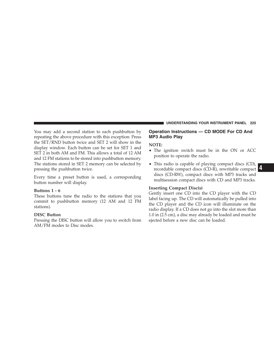 Operation instructions — cd mode for cd, And mp3 audio play | Chrysler 2009 Sebring Convertible - Owner Manual User Manual | Page 227 / 475