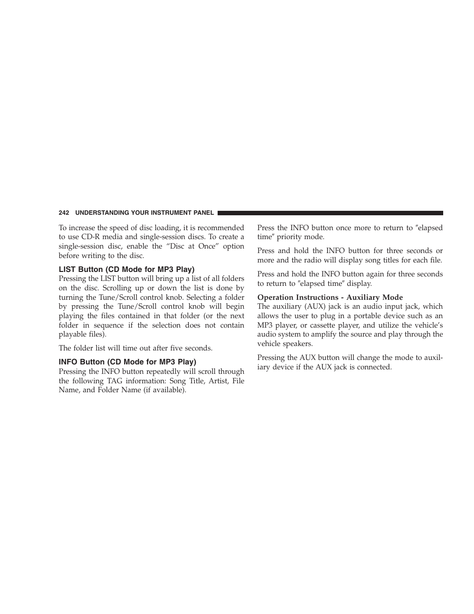 List button (cd mode for mp3 play), Info button (cd mode for mp3 play) | Chrysler 2009 Sebring Convertible - Owner Manual User Manual | Page 244 / 475