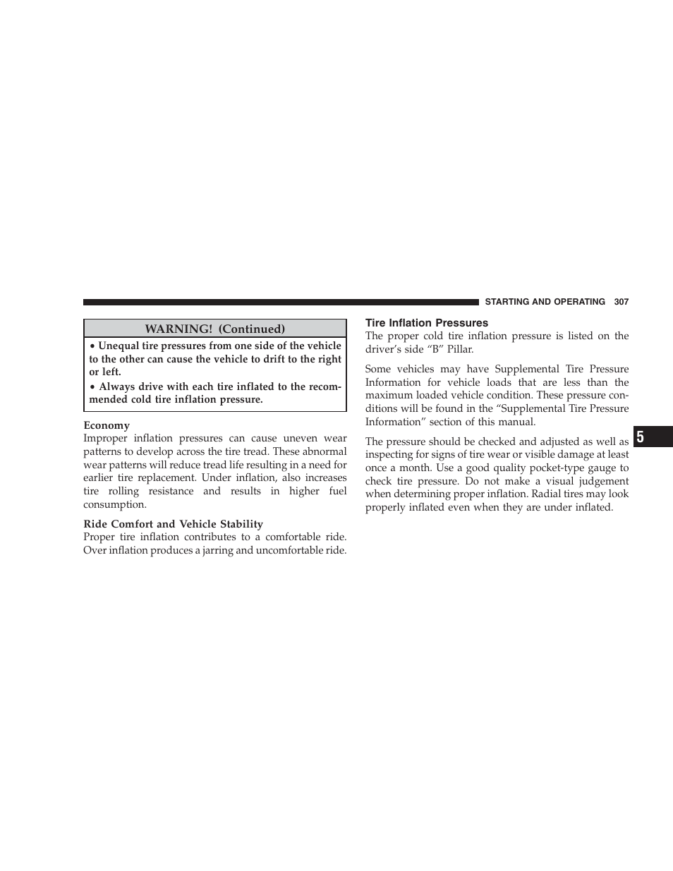 Tire inflation pressures | Chrysler 2009 Sebring Convertible - Owner Manual User Manual | Page 309 / 475