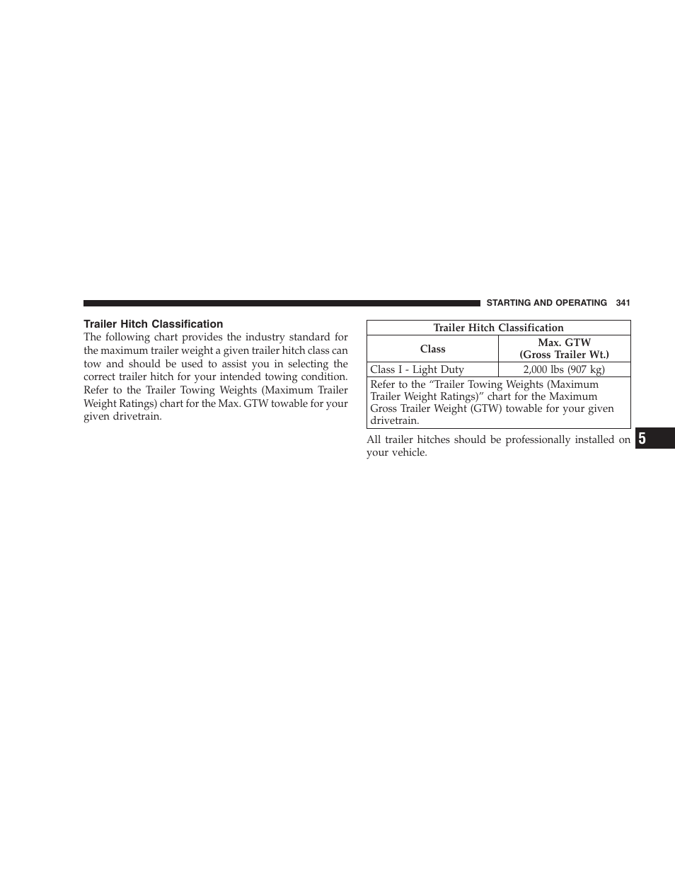 Trailer hitch classification | Chrysler 2009 Sebring Convertible - Owner Manual User Manual | Page 343 / 475