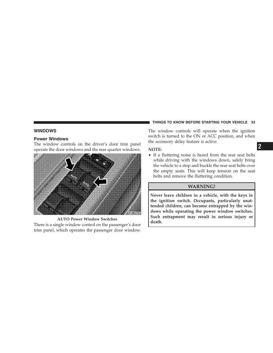 Windows, Power windows | Chrysler 2009 Sebring Convertible - Owner Manual User Manual | Page 35 / 475