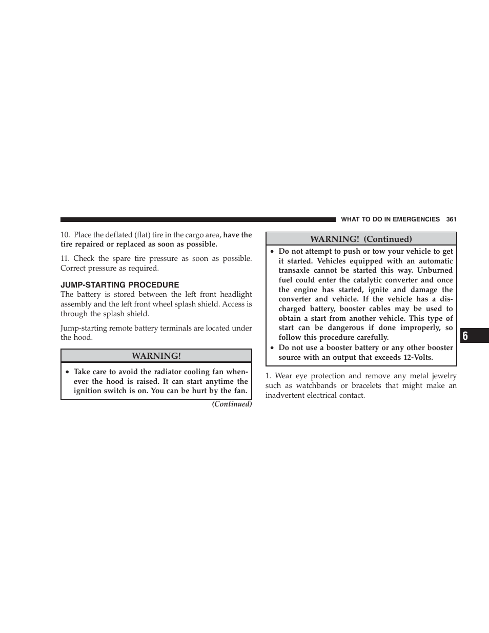Jump-starting procedure | Chrysler 2009 Sebring Convertible - Owner Manual User Manual | Page 363 / 475