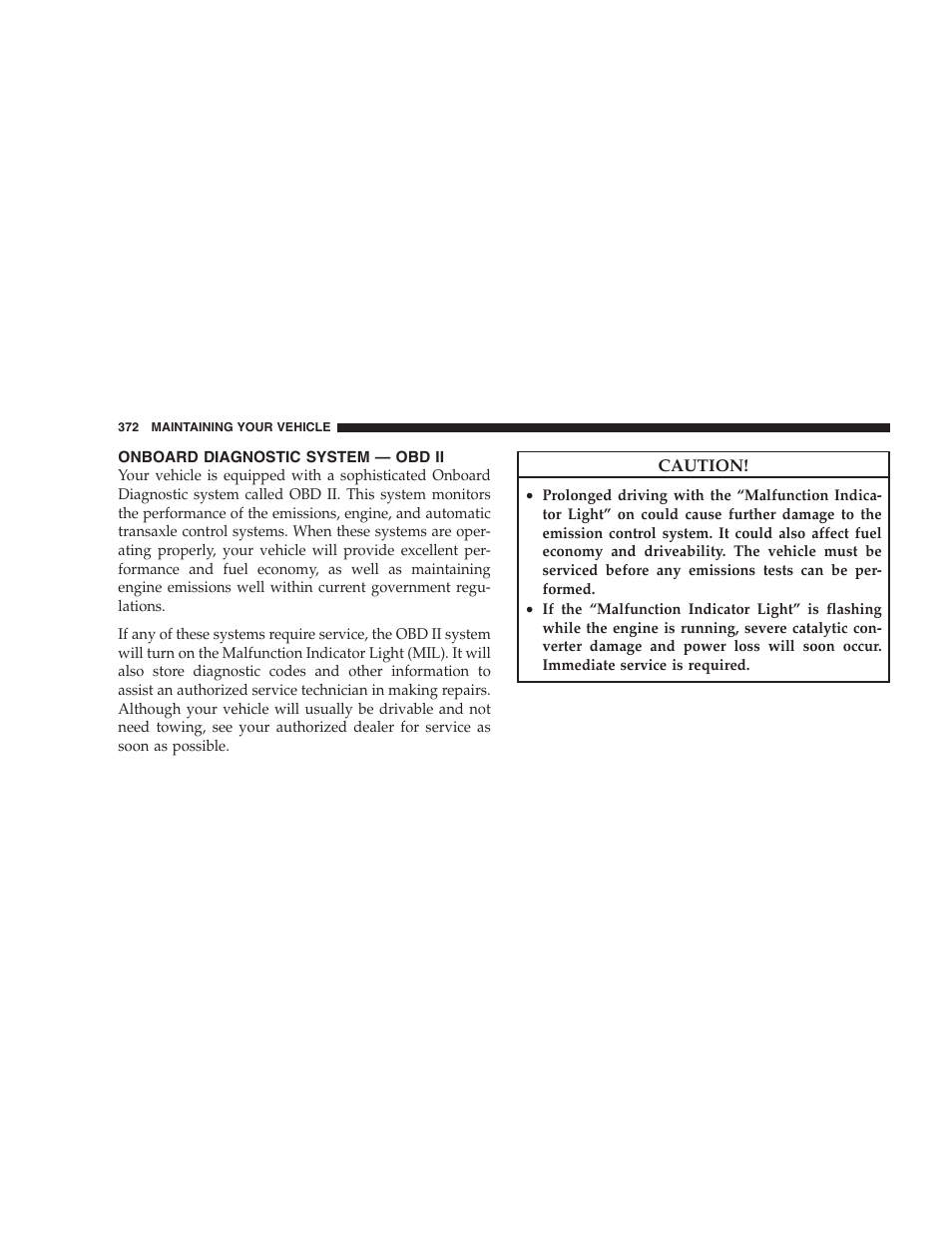 Onboard diagnostic system - obd ii, Onboard diagnostic system — obd ii | Chrysler 2009 Sebring Convertible - Owner Manual User Manual | Page 374 / 475