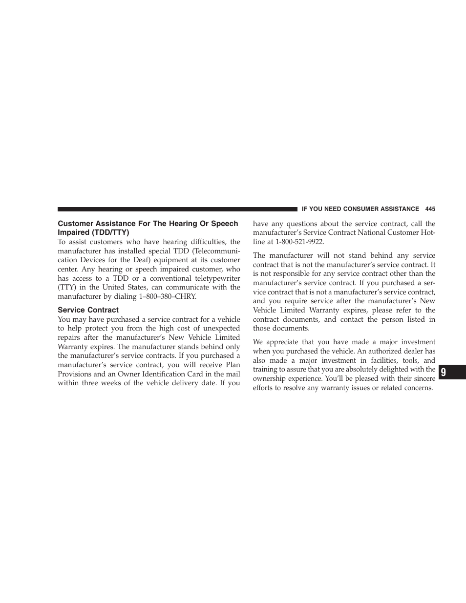 Service contract, Customer assistance for the hearing or, Speech impaired (tdd/tty) | Chrysler 2009 Sebring Convertible - Owner Manual User Manual | Page 447 / 475