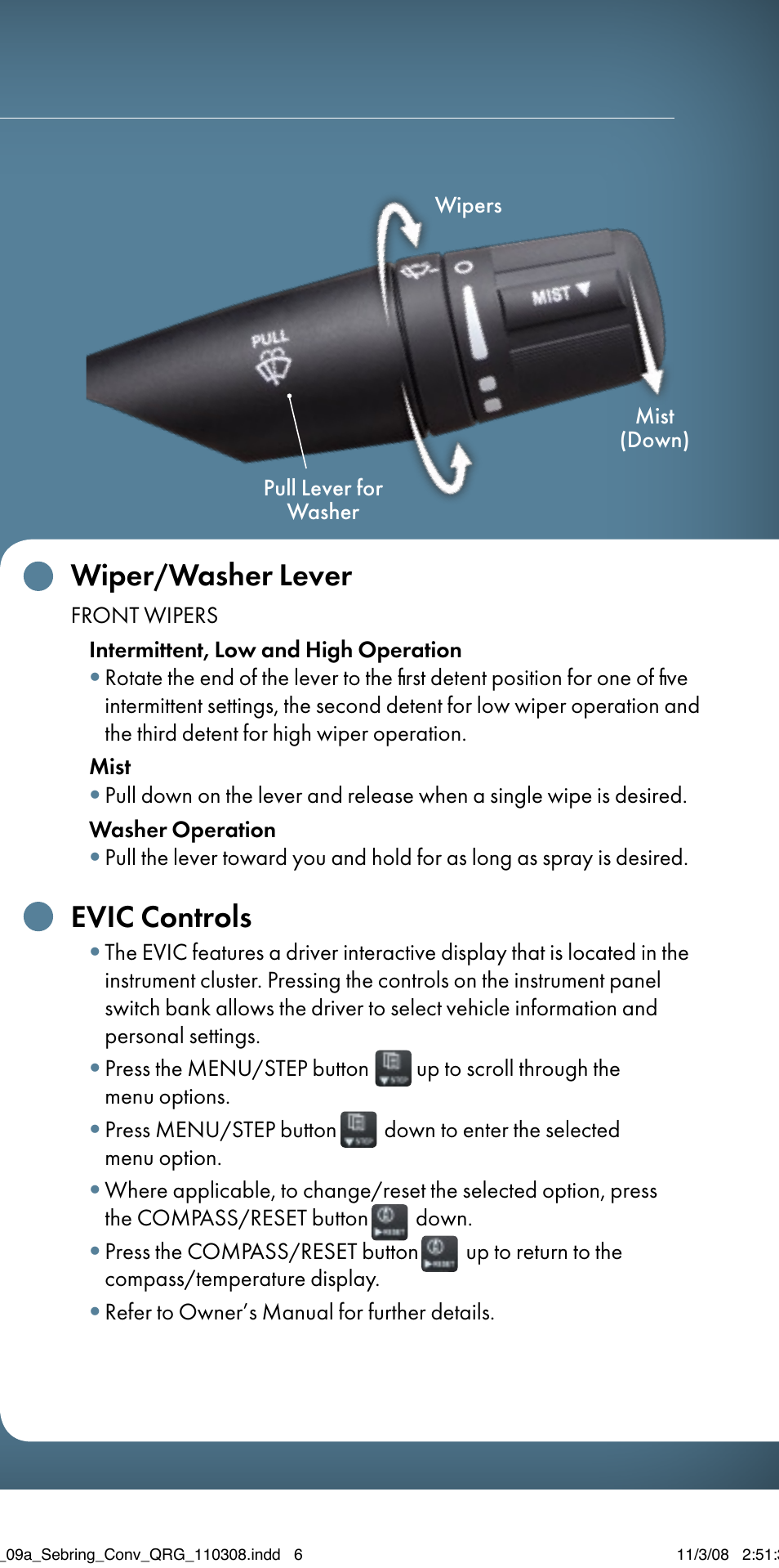 Wiper/washer lever, Evic controls | Chrysler 2009 Sebring Convertible - Quick Reference Guide User Manual | Page 10 / 12