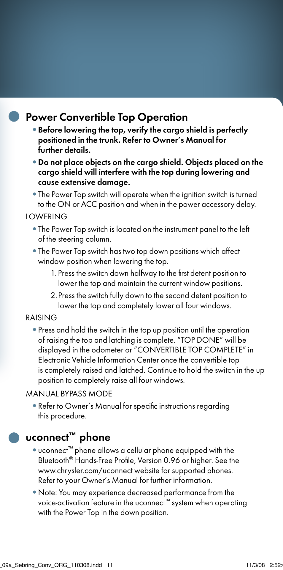 Power convertible top operation, Uconnect, Phone | Chrysler 2009 Sebring Convertible - Quick Reference Guide User Manual | Page 11 / 12