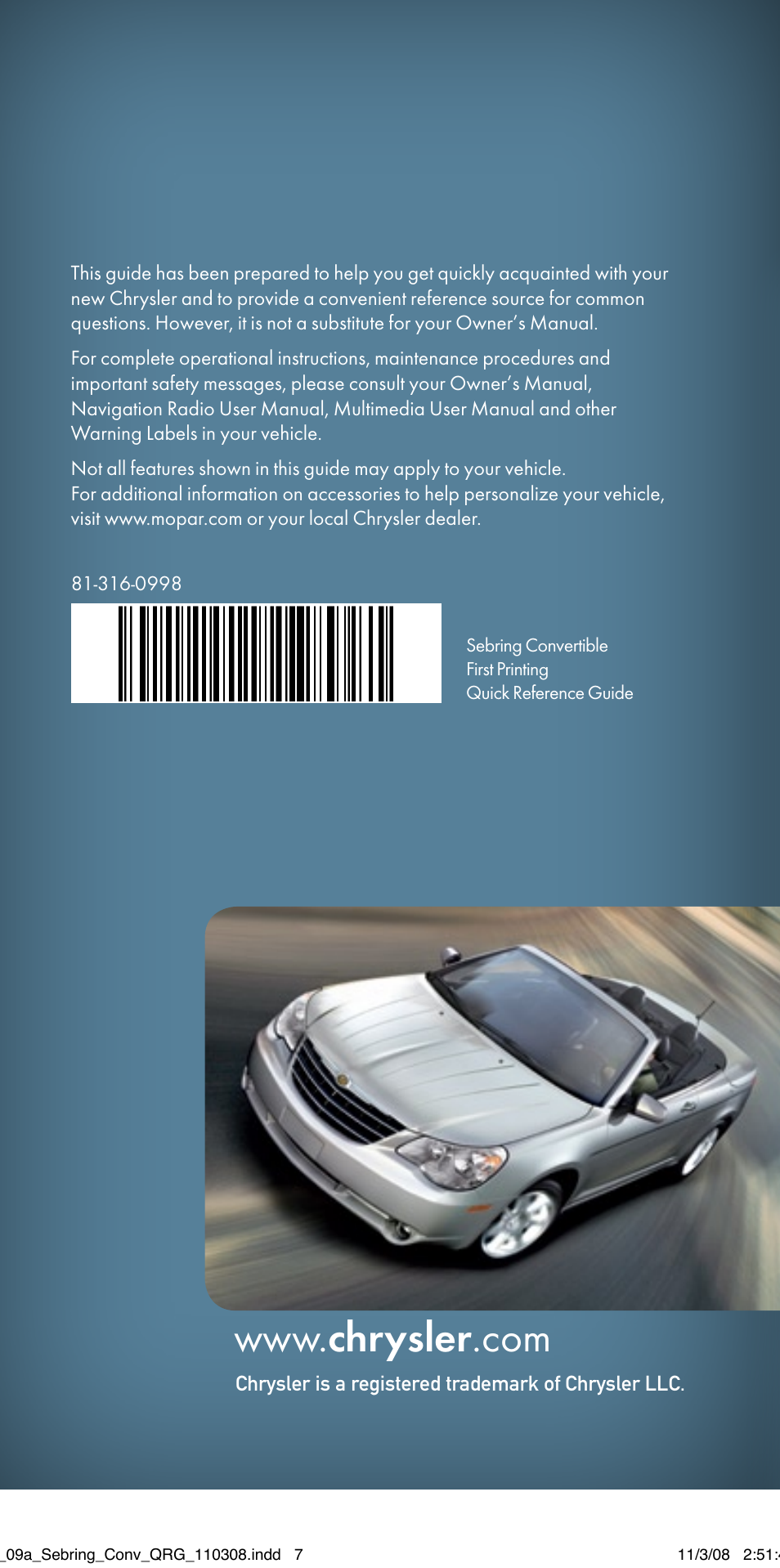 Chrysler 2009 Sebring Convertible - Quick Reference Guide User Manual | Page 12 / 12