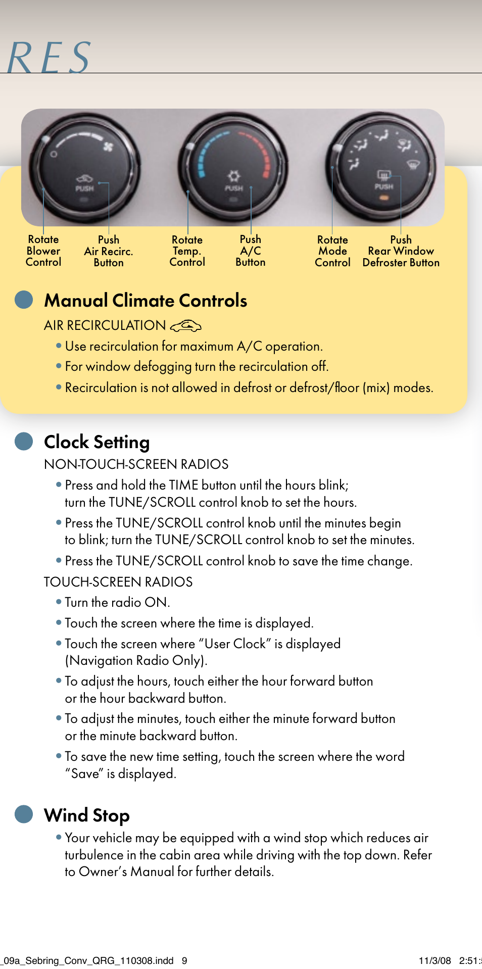 Manual climate controls, Clock setting, Wind stop | Chrysler 2009 Sebring Convertible - Quick Reference Guide User Manual | Page 7 / 12