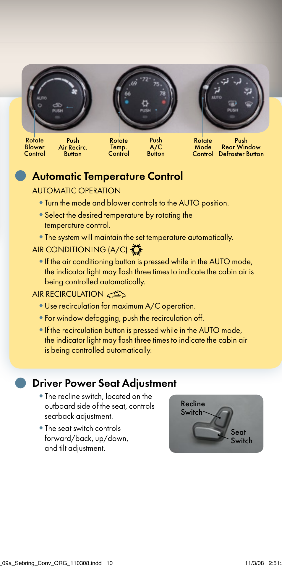 Automatic temperature control, Driver power seat adjustment | Chrysler 2009 Sebring Convertible - Quick Reference Guide User Manual | Page 8 / 12