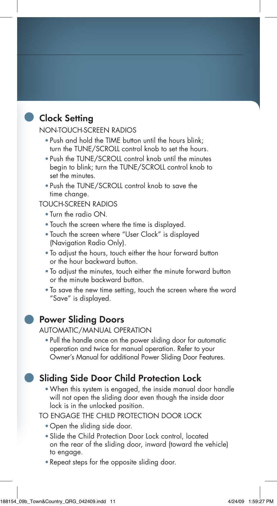 Clock setting, Power sliding doors, Sliding side door child protection lock | Chrysler 2009 Country - Quick Reference Guide User Manual | Page 10 / 12