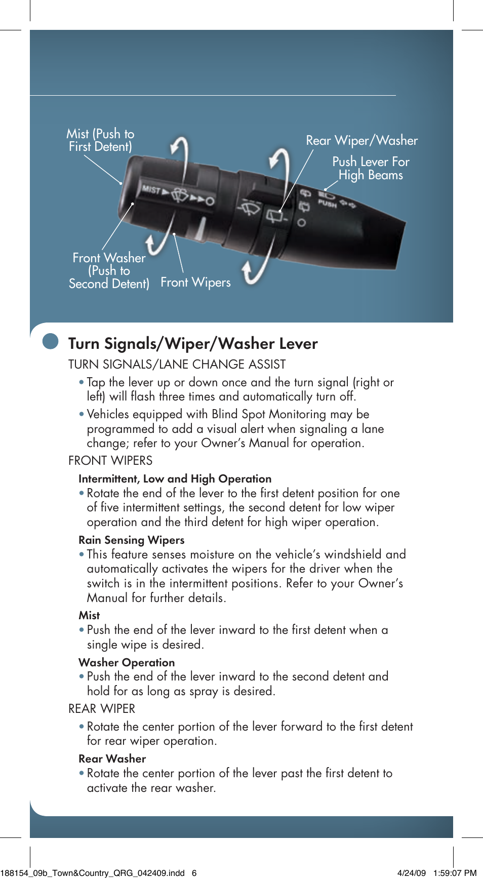 Turn signals/wiper/washer lever | Chrysler 2009 Country - Quick Reference Guide User Manual | Page 11 / 12