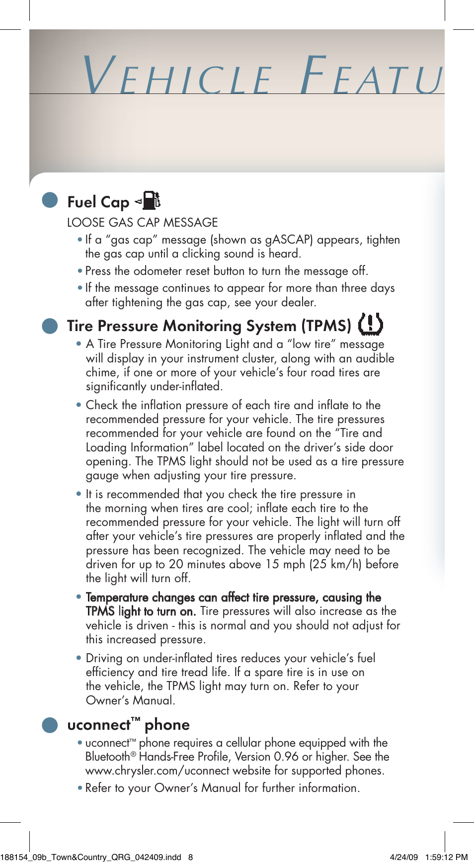 Fuel cap, Tire pressure monitoring system (tpms), Uconnect | Phone | Chrysler 2009 Country - Quick Reference Guide User Manual | Page 6 / 12