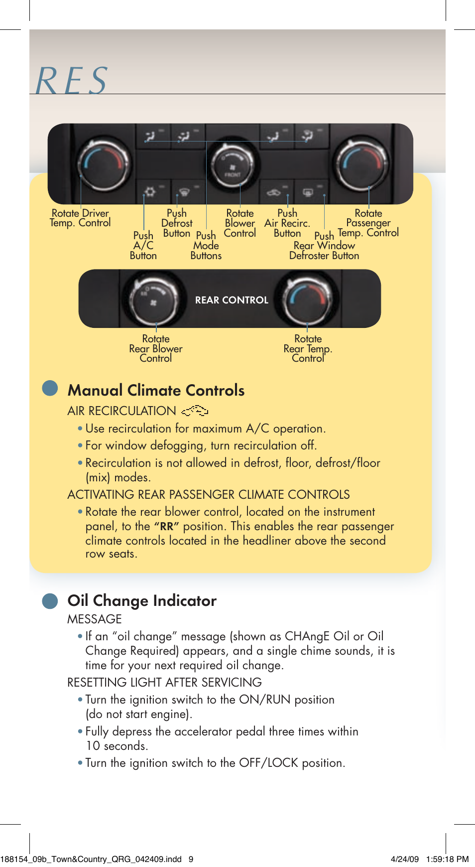 Manual climate controls, Oil change indicator | Chrysler 2009 Country - Quick Reference Guide User Manual | Page 7 / 12