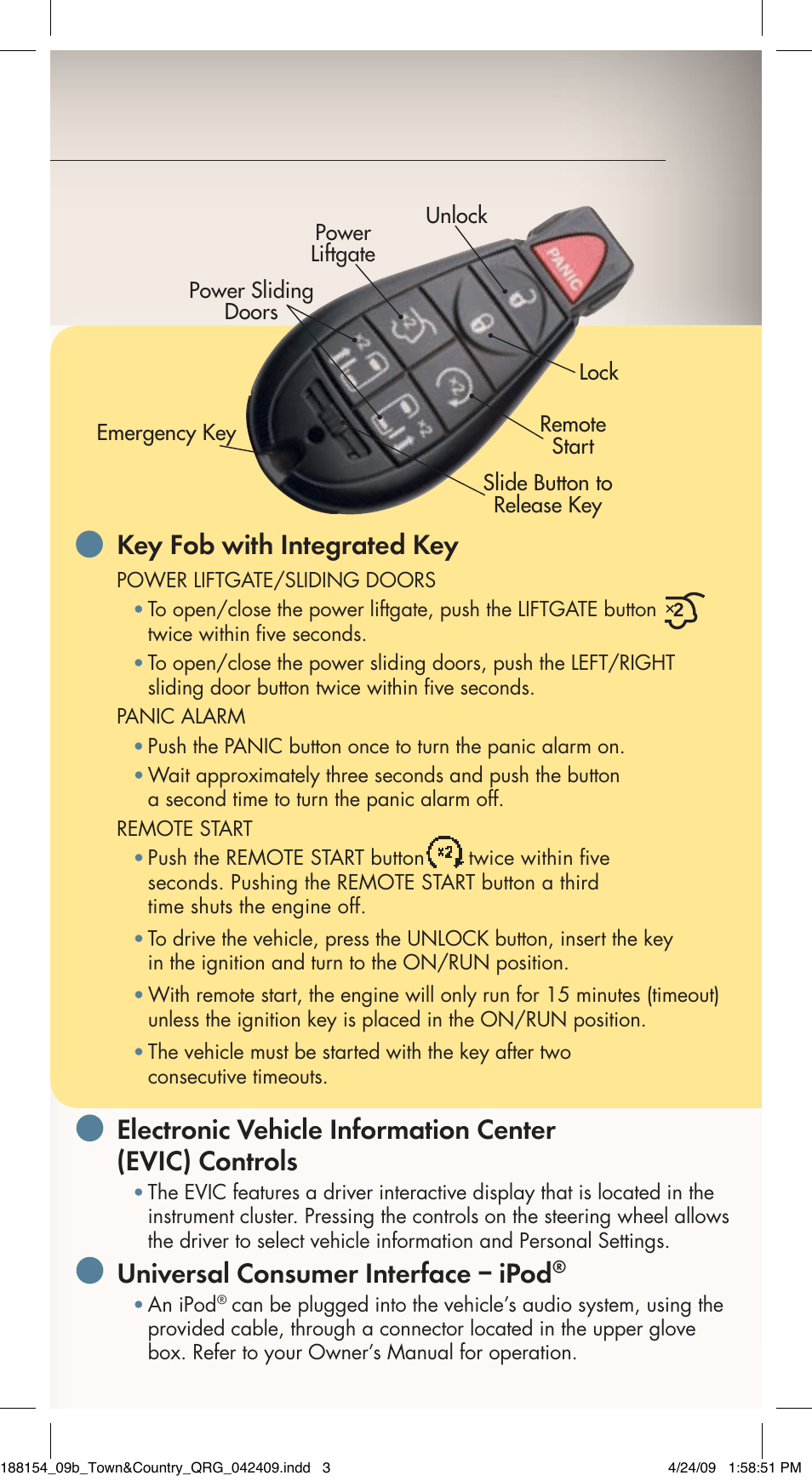 Key fob with integrated key, Universal consumer interface – ipod | Chrysler 2009 Country - Quick Reference Guide User Manual | Page 9 / 12