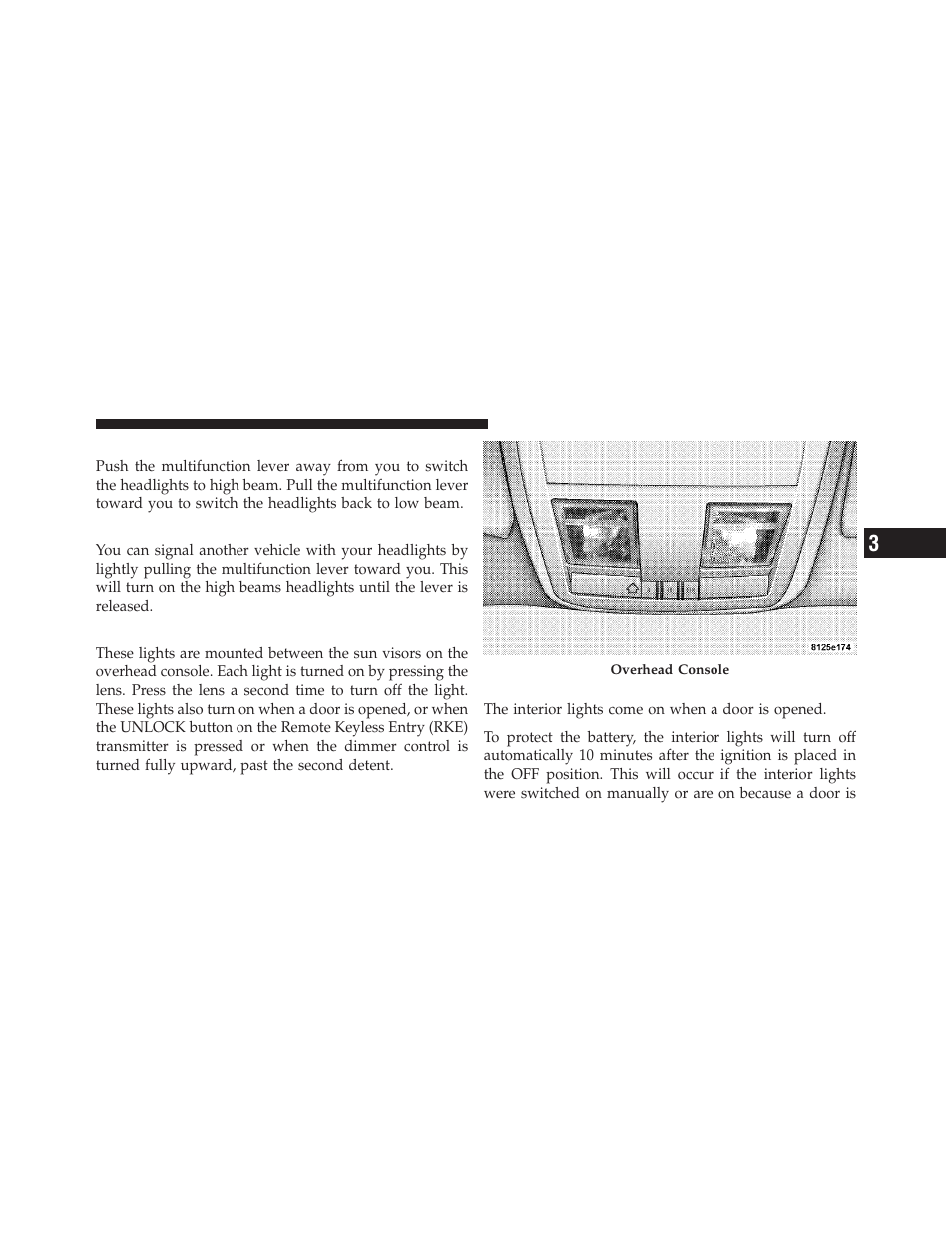 High/low beam switch, Flash-to-pass, Overhead console map/reading lights | Interior lights | Chrysler 2010 300 - Owner Manual User Manual | Page 150 / 538