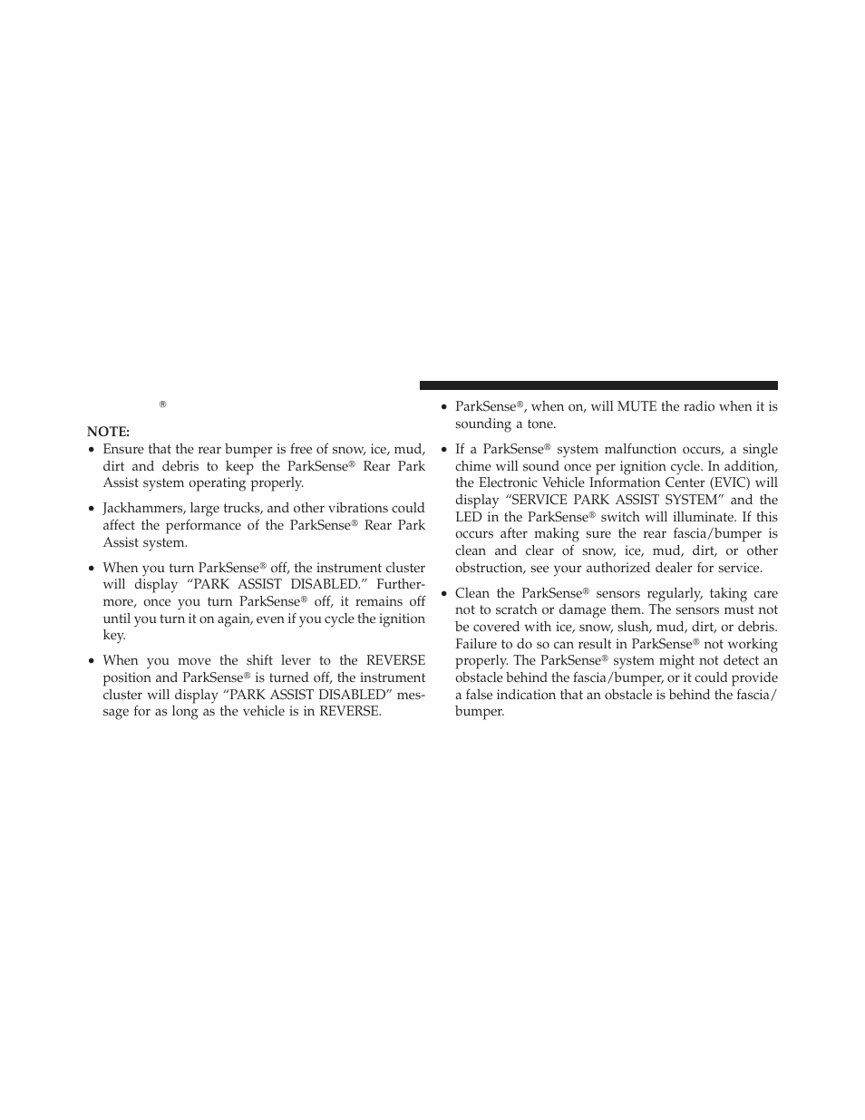 Parksenseĥ system usage precautions, Parksense௡ system usage precautions | Chrysler 2010 300 - Owner Manual User Manual | Page 187 / 538