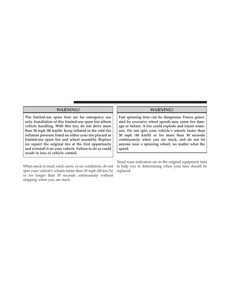 Tire spinning, Tread wear indicators | Chrysler 2010 300 - Owner Manual User Manual | Page 361 / 538