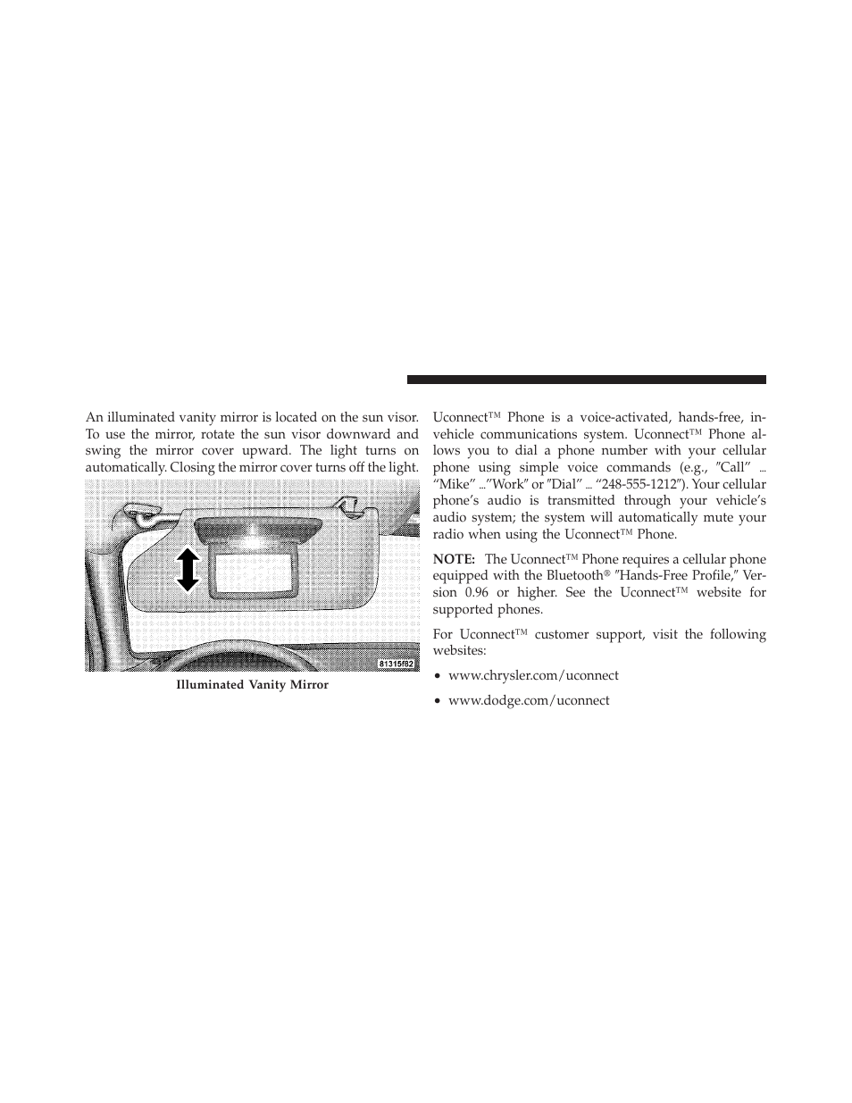 Illuminated vanity mirrors — if equipped, Uconnect™ phone — if equipped | Chrysler 2010 300 - Owner Manual User Manual | Page 97 / 538