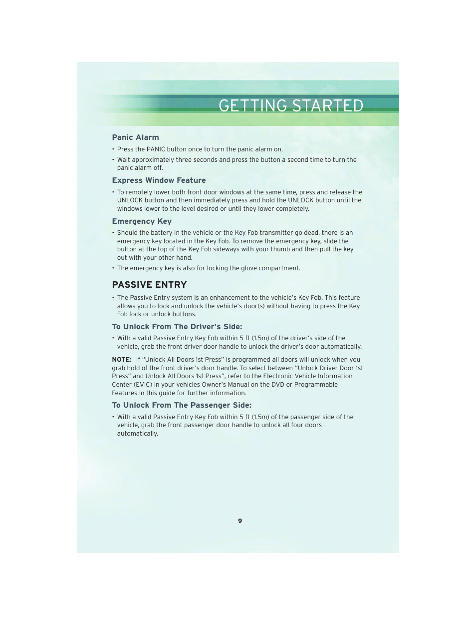 Panic alarm, Express window feature, Emergency key | Passive entry, To unlock from the driver's side, To unlock from the passenger side, Getting started | Chrysler 2010 300 SRT - User Guide User Manual | Page 11 / 88