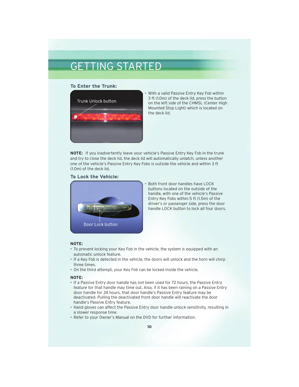 To enter the trunk, To lock the vehicle, Getting started | Chrysler 2010 300 SRT - User Guide User Manual | Page 12 / 88