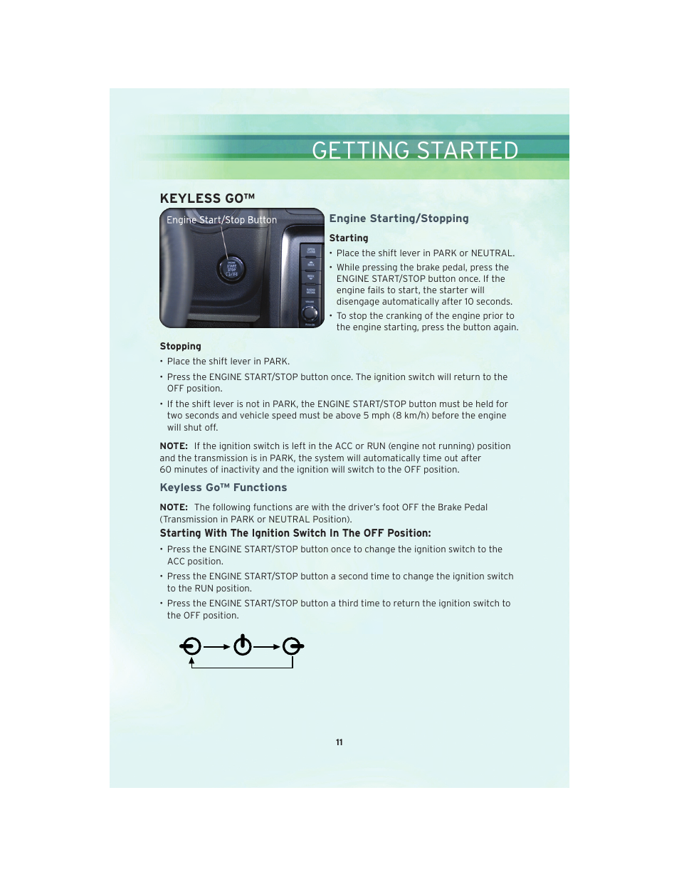 Keyless go, Engine starting/stopping, Keyless go™ functions | Getting started | Chrysler 2010 300 SRT - User Guide User Manual | Page 13 / 88