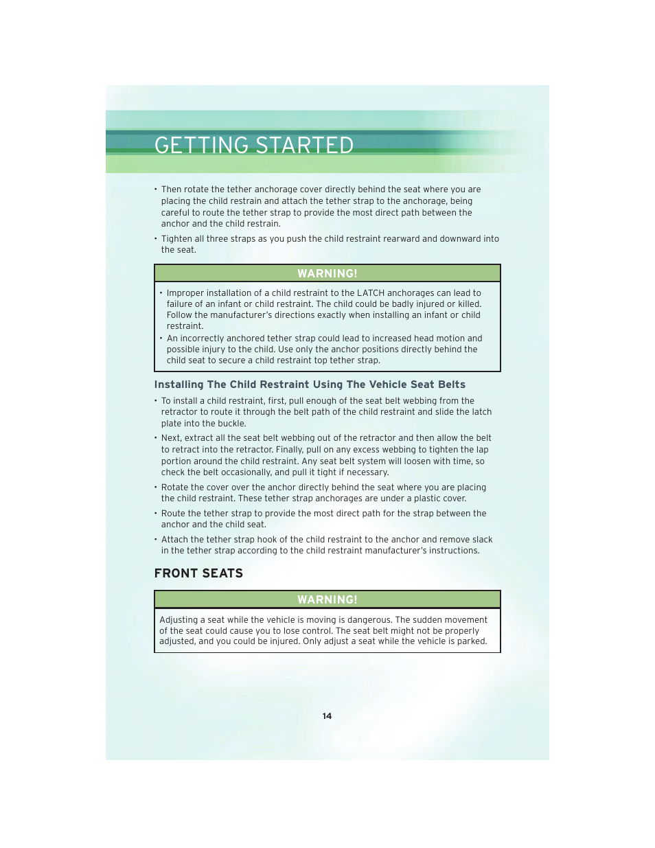 Front seats, Getting started | Chrysler 2010 300 SRT - User Guide User Manual | Page 16 / 88