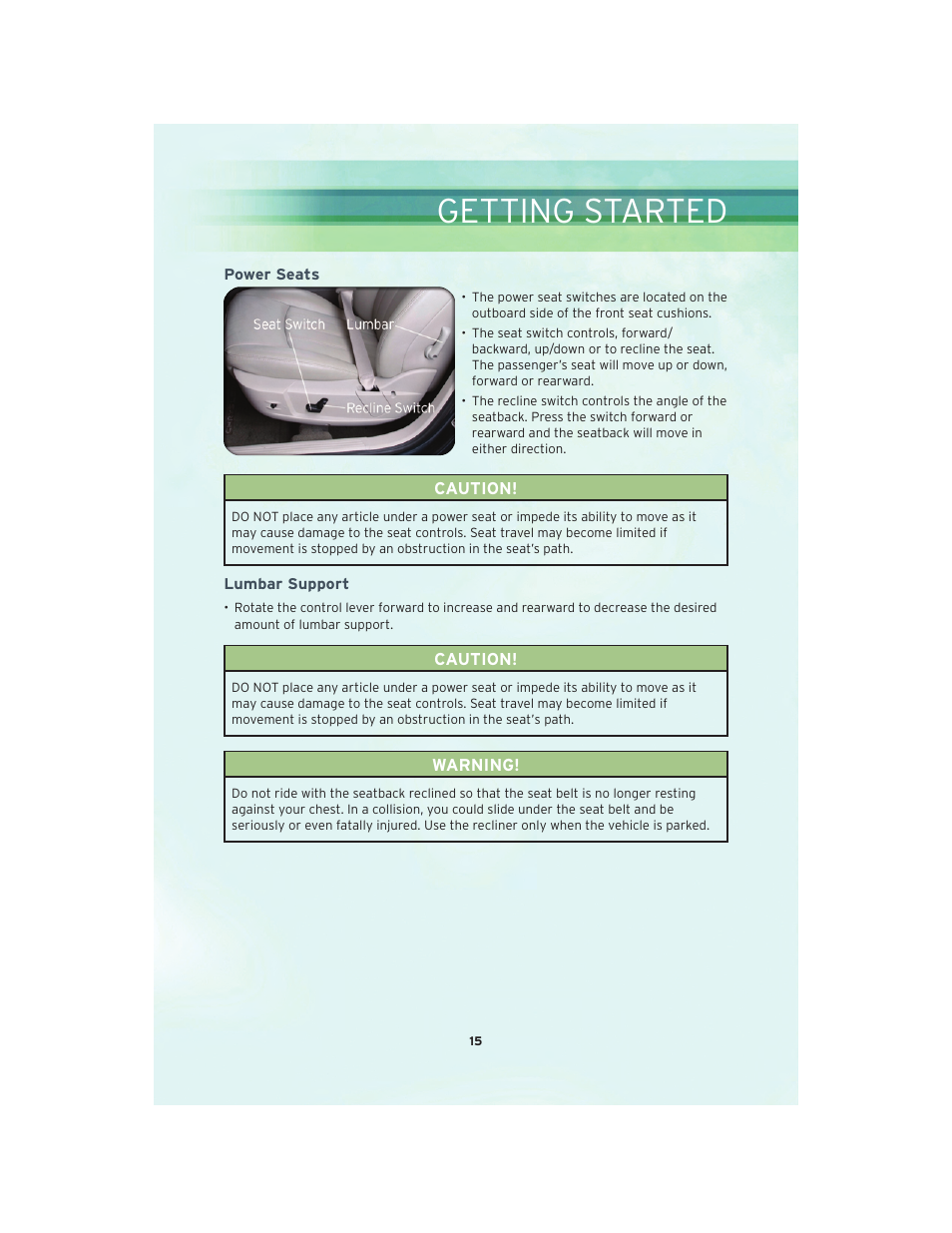 Power seats, Lumbar support, Getting started | Chrysler 2010 300 SRT - User Guide User Manual | Page 17 / 88