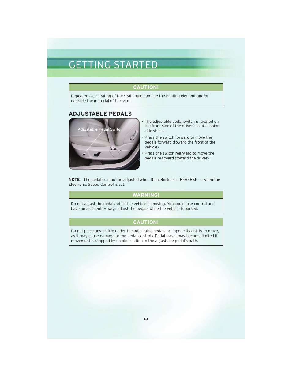 Adjustable pedals, Getting started | Chrysler 2010 300 SRT - User Guide User Manual | Page 20 / 88