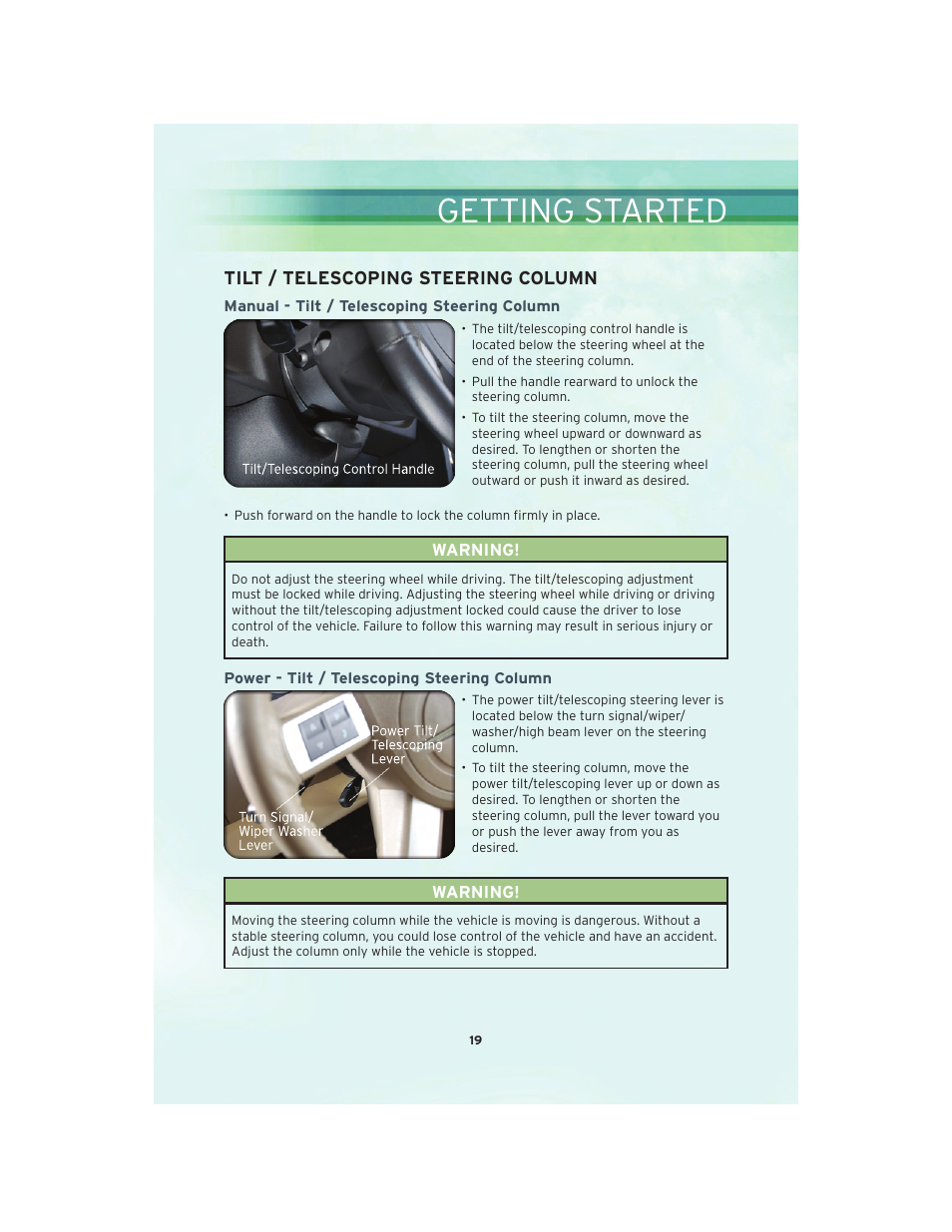 Tilt / telescoping steering column, Manual - tilt / telescoping steering column, Power - tilt / telescoping steering column | Getting started | Chrysler 2010 300 SRT - User Guide User Manual | Page 21 / 88