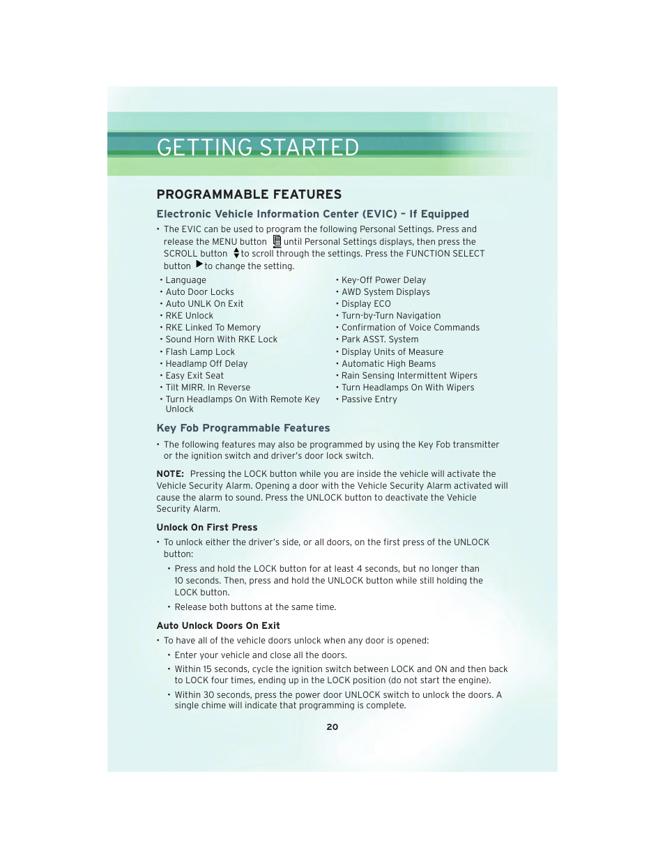 Programmable features, Key fob programmable features, Getting started | Chrysler 2010 300 SRT - User Guide User Manual | Page 22 / 88