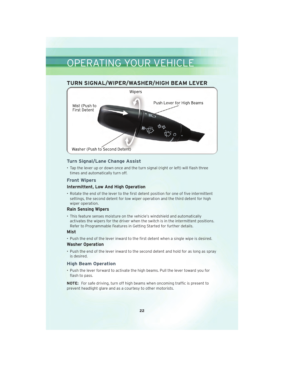 Operating your vehicle, Turn signal/wiper/washer/high beam lever, Turn signal/lane change assist | Front wipers, High beam operation | Chrysler 2010 300 SRT - User Guide User Manual | Page 24 / 88