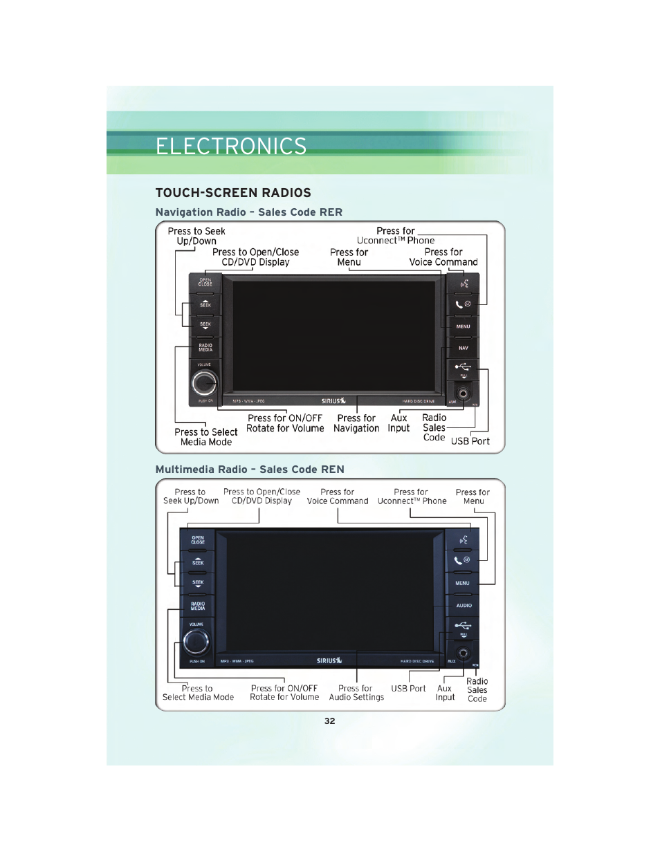 Touch-screen radios, Navigation radio – sales code rer, Multimedia radio – sales code ren | Electronics | Chrysler 2010 300 SRT - User Guide User Manual | Page 34 / 88